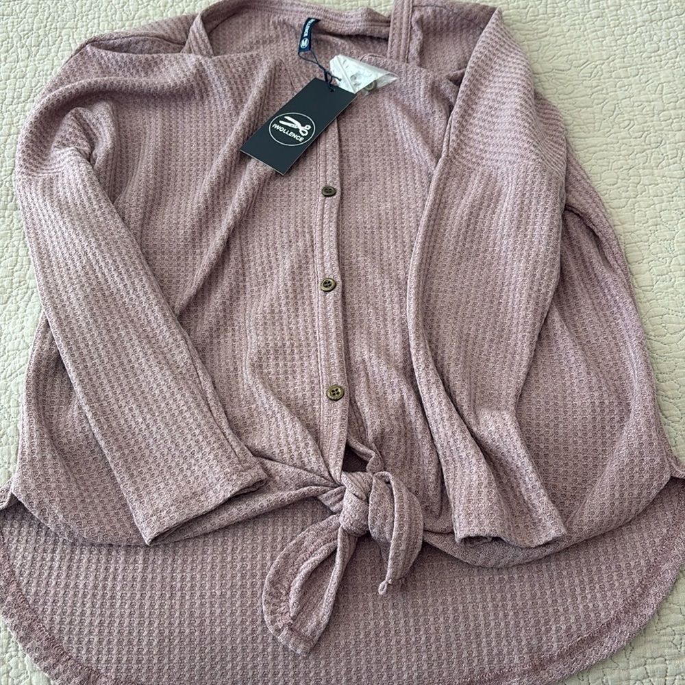 Women's Mauve Oversized Button-Up Cardigan with Tie - Size M